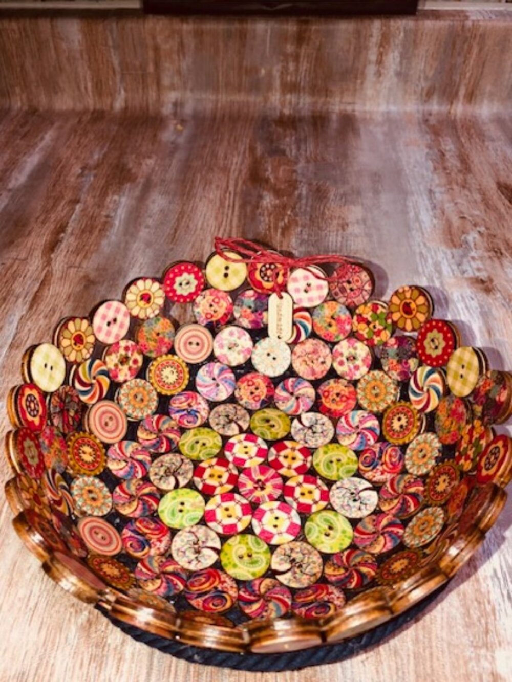 Boho Floral Wooden Double Button Decorative Catchall Bowl